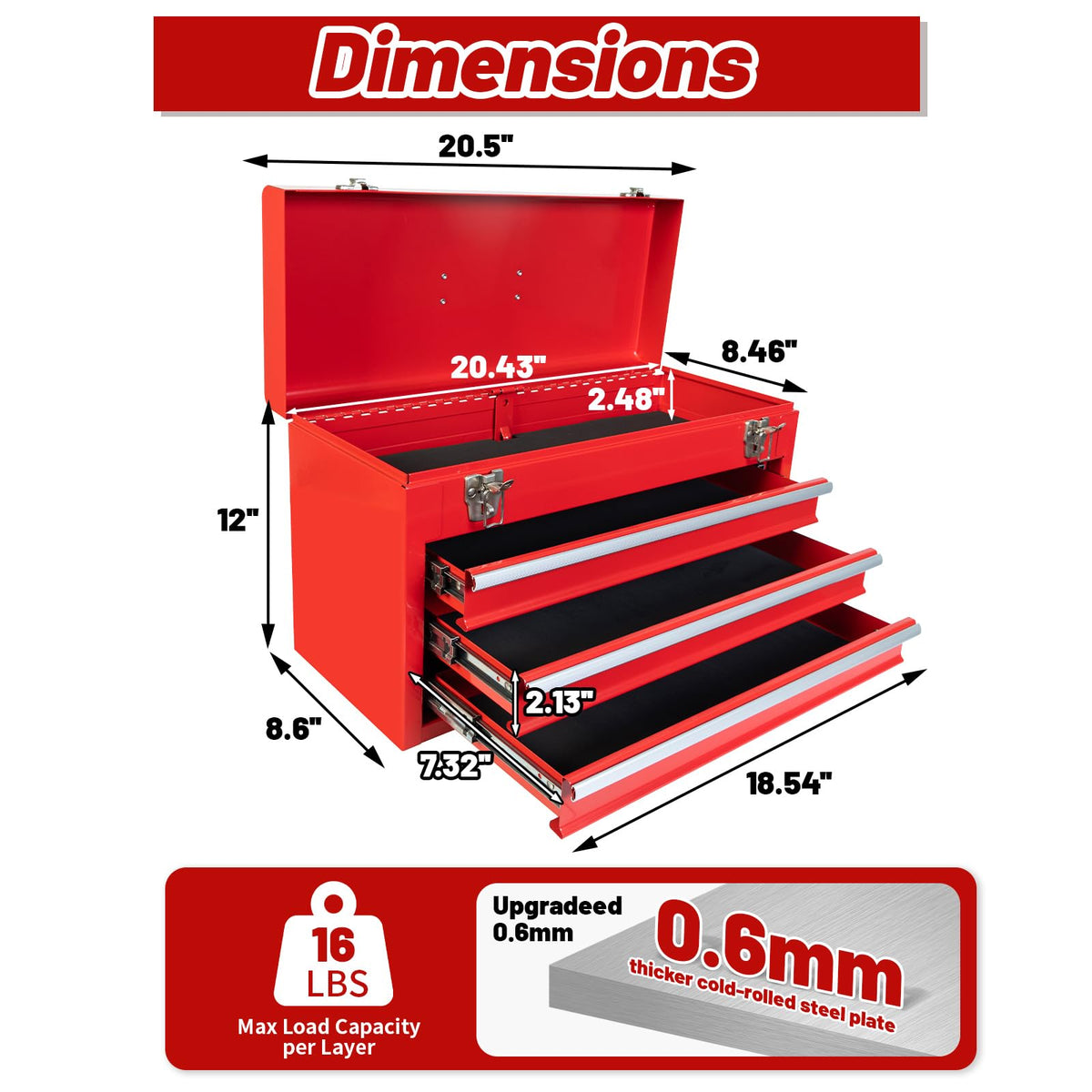 20.5-Inch Metal Tool Box with 3 Drawers G54392