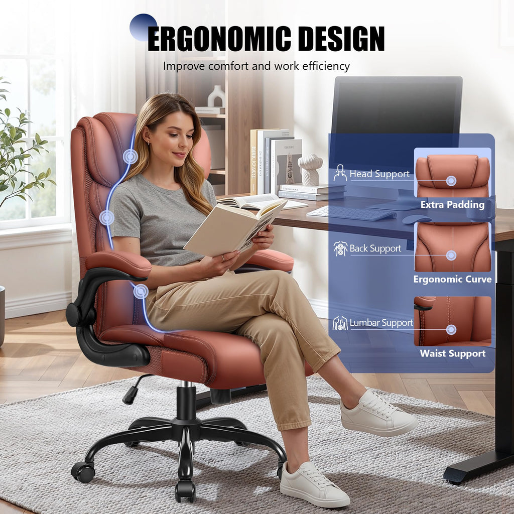 Brown High Back Office Chair with Flip-up Armrests E821