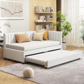 Twin Size Upholstered Daybed with Trundle Linen Fabric Wooden Sofa Bed Frame K95288