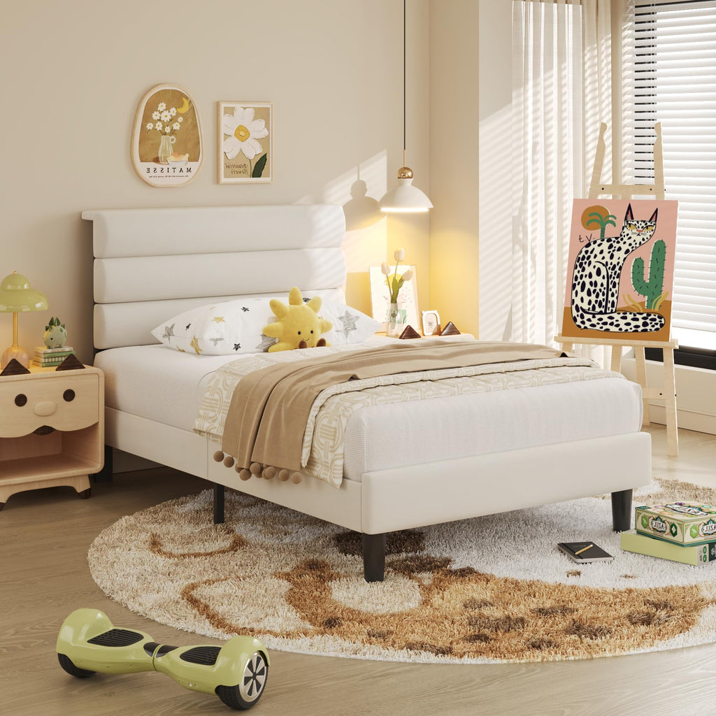 Beige Velvet Upholstered Twin Platform Bed Frame B52693