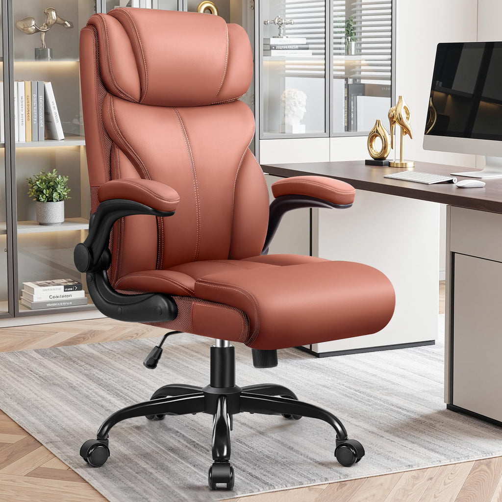Brown High Back Office Chair with Flip-up Armrests E821