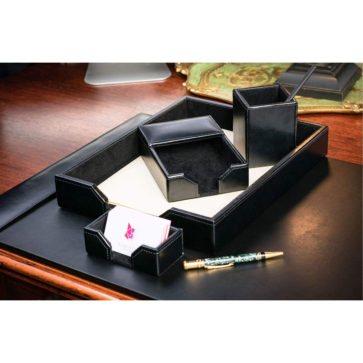 Black Bonded Leather 5-Piece Desk Set Y21825