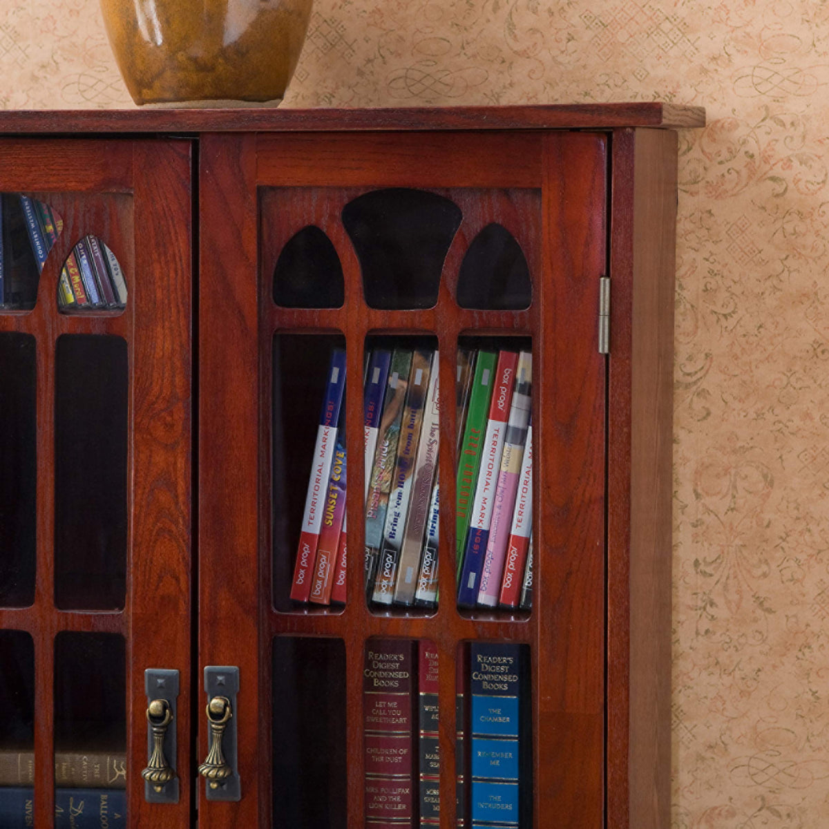 Cherry Brown Glass and Wood Media Cabinet I471398
