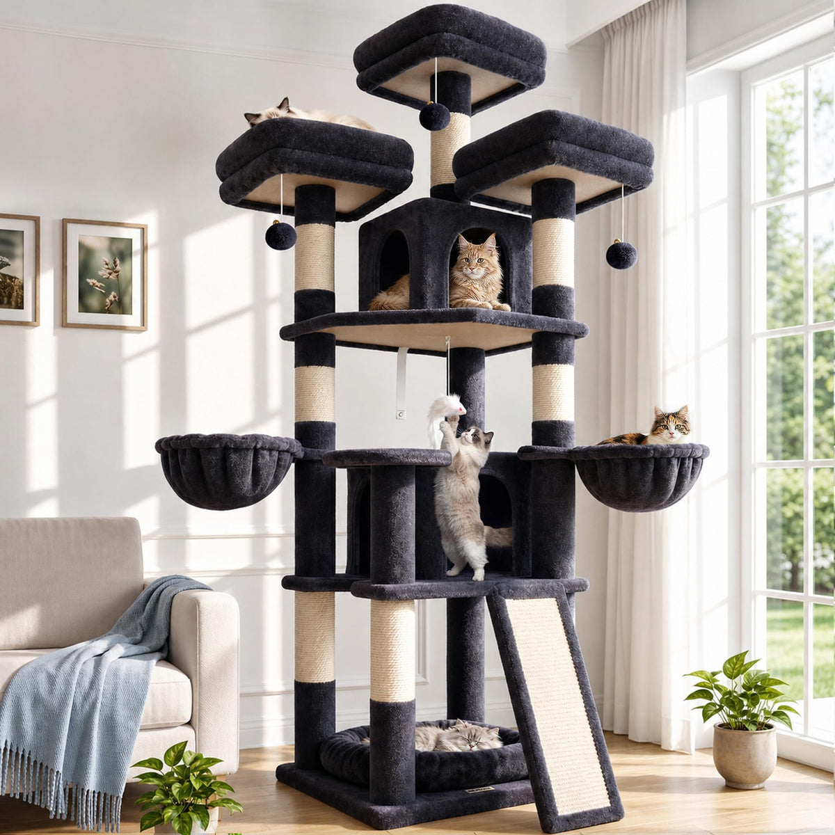 70 Inch Dark Gray Cat Tree with Scratching Post B940584