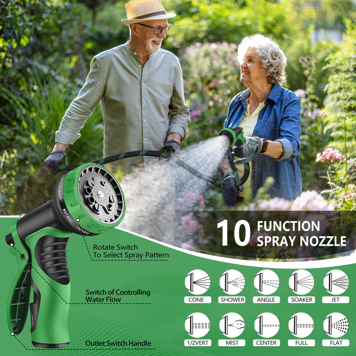 100 ft Lightweight Flexible Garden Hose with 10-Function Nozzle I482