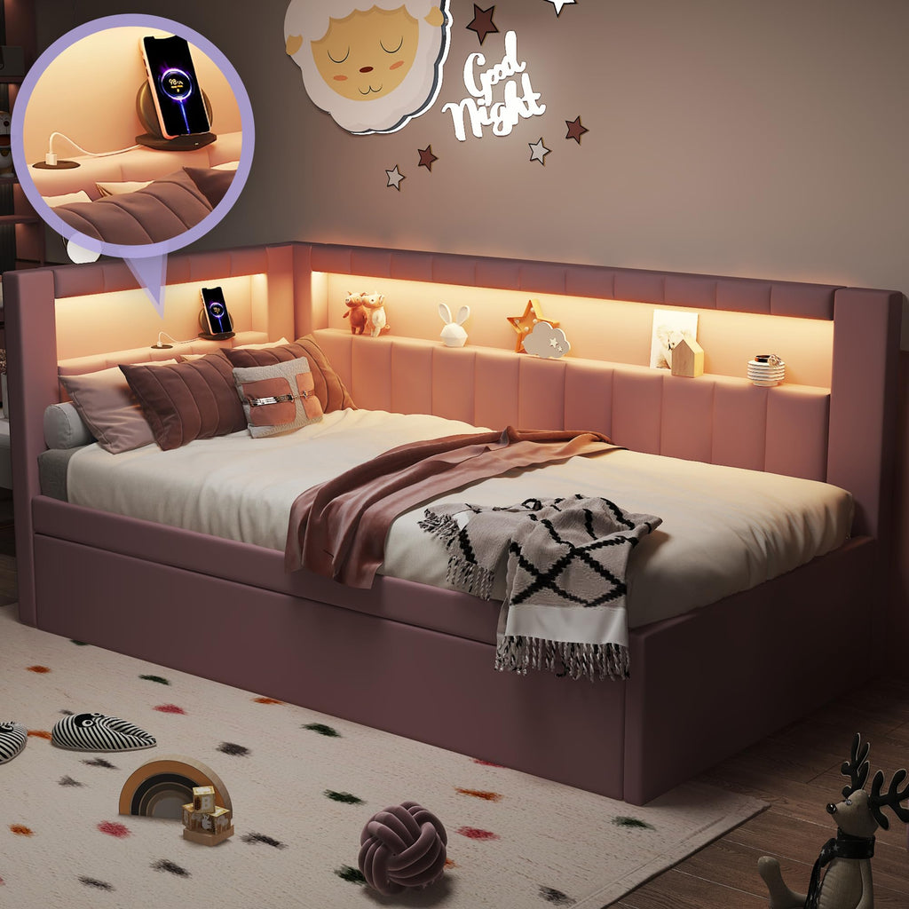 Twin Size Upholstered Platform Bed with Trundle and USB Ports, Pink I33653