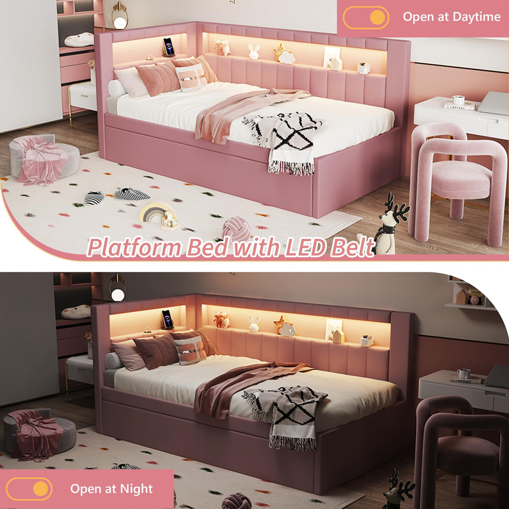 Twin Size Upholstered Platform Bed with Trundle and USB Ports, Pink I33653
