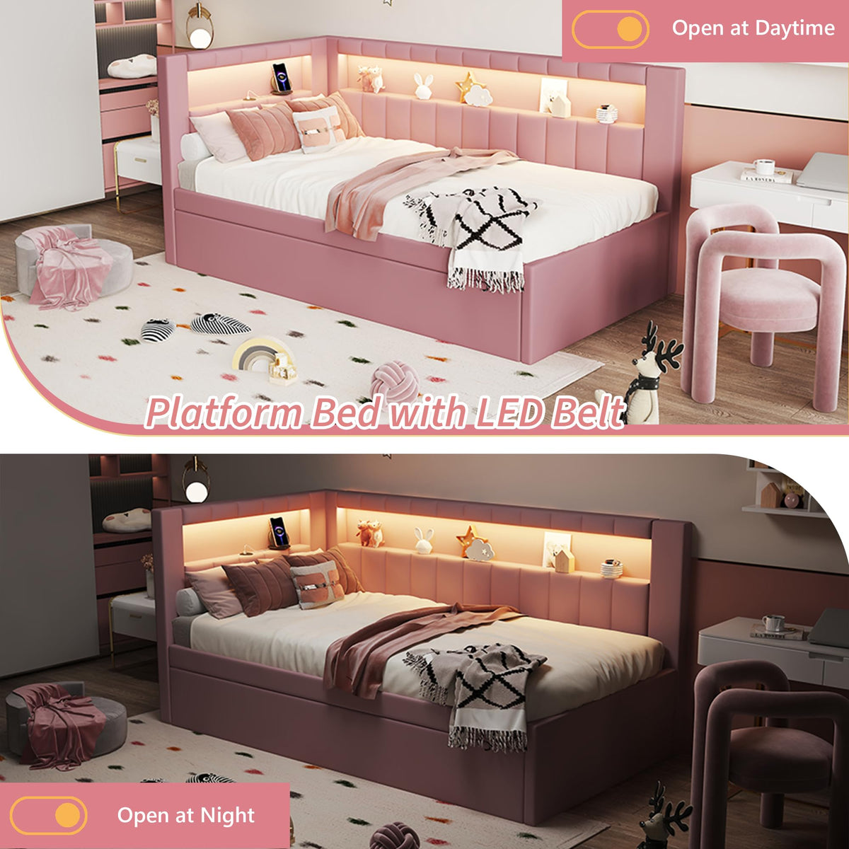 Twin Size Upholstered Platform Bed with Trundle and USB Ports, Pink I33653