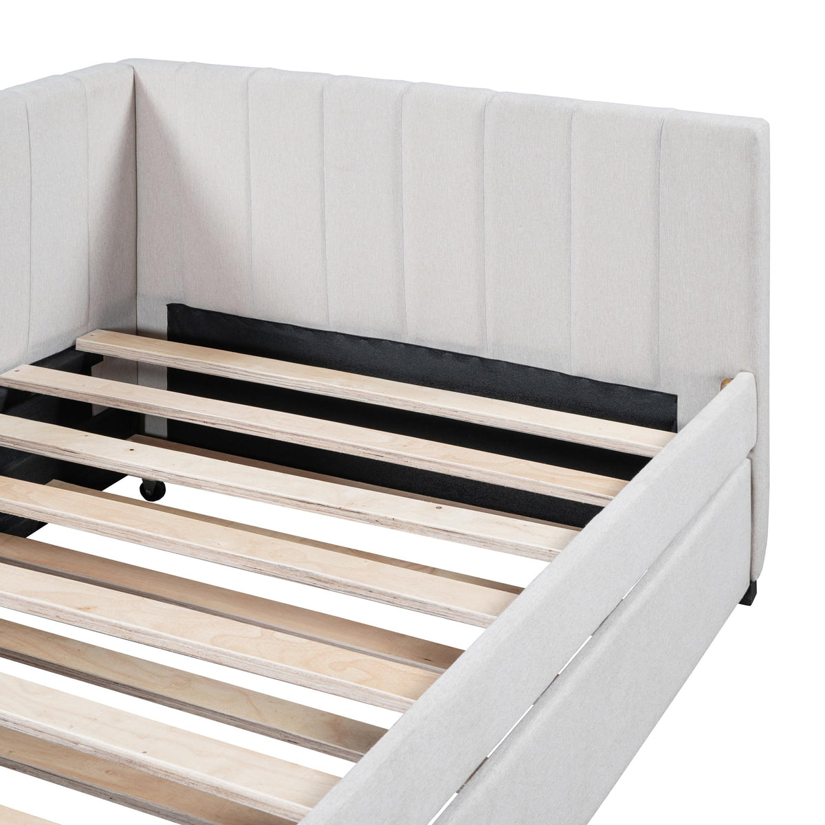 Twin Size Upholstered Daybed with Trundle Linen Fabric Wooden Sofa Bed Frame K95288
