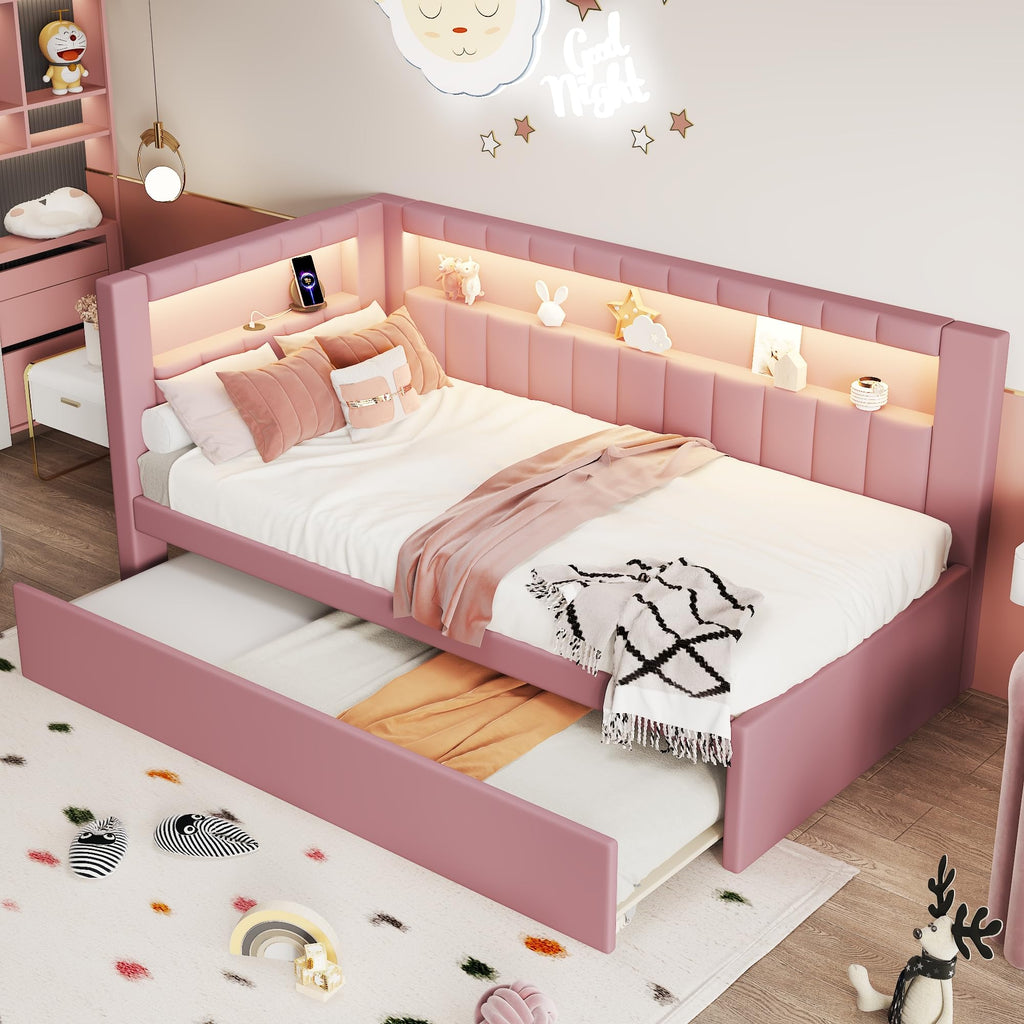 Twin Size Upholstered Platform Bed with Trundle and USB Ports, Pink I33653