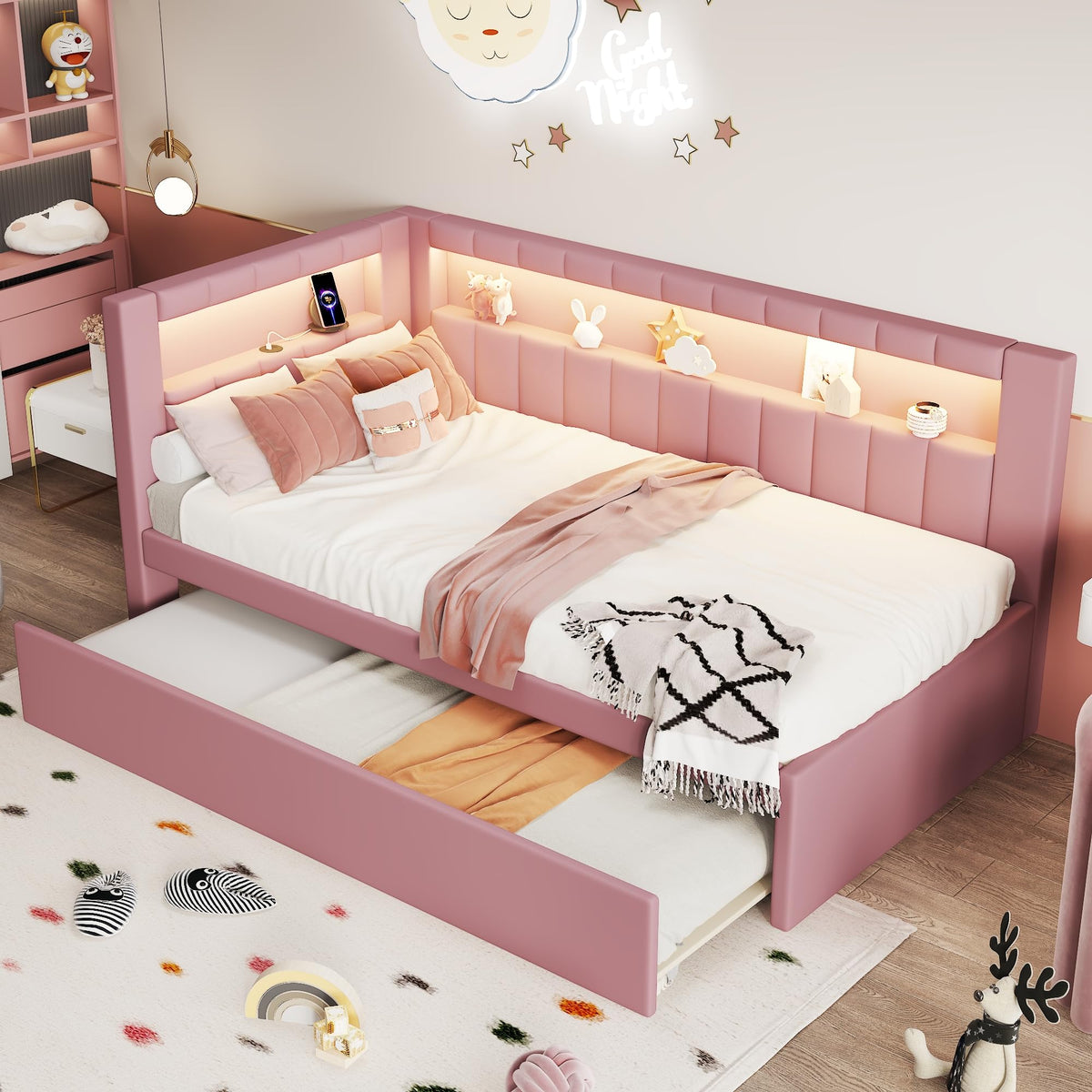 Twin Size Upholstered Platform Bed with Trundle and USB Ports, Pink I33653