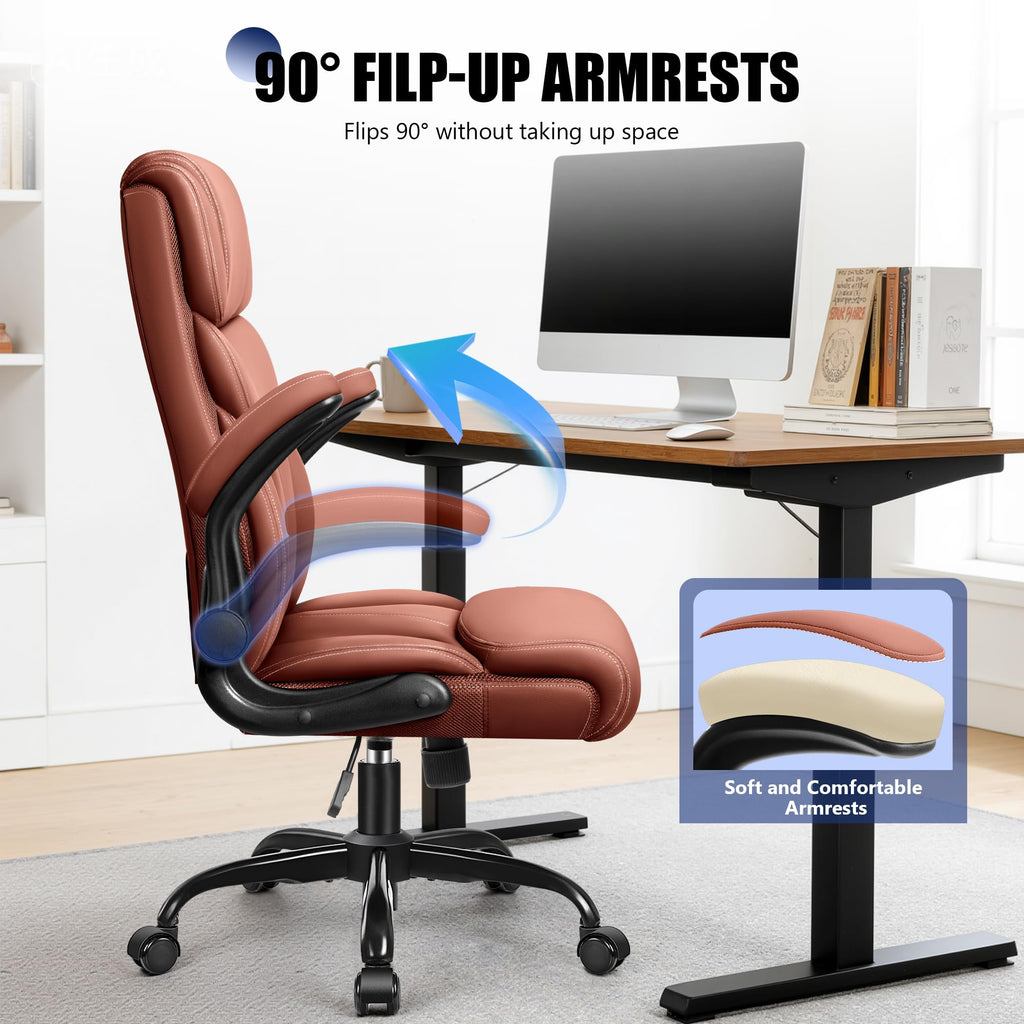 Brown High Back Office Chair with Flip-up Armrests E821