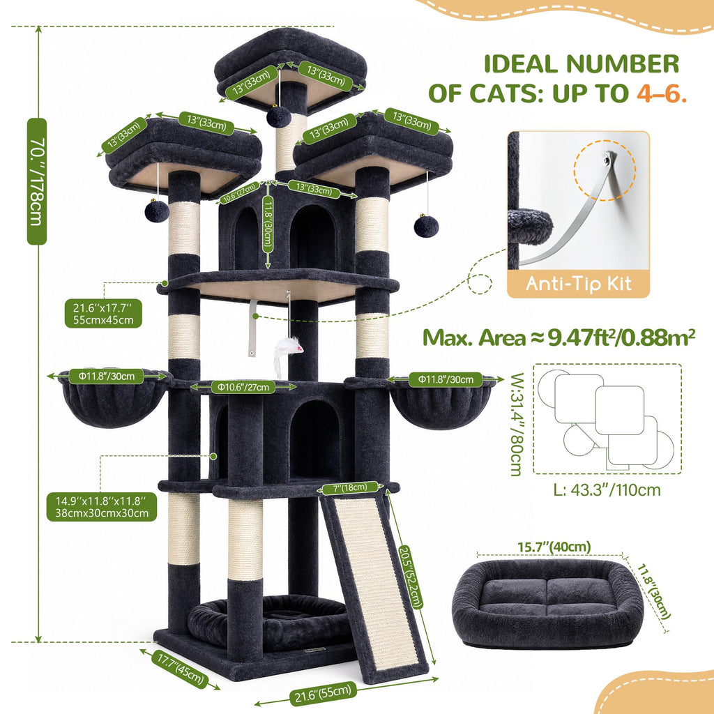 70 Inch Dark Gray Cat Tree with Scratching Post B940584