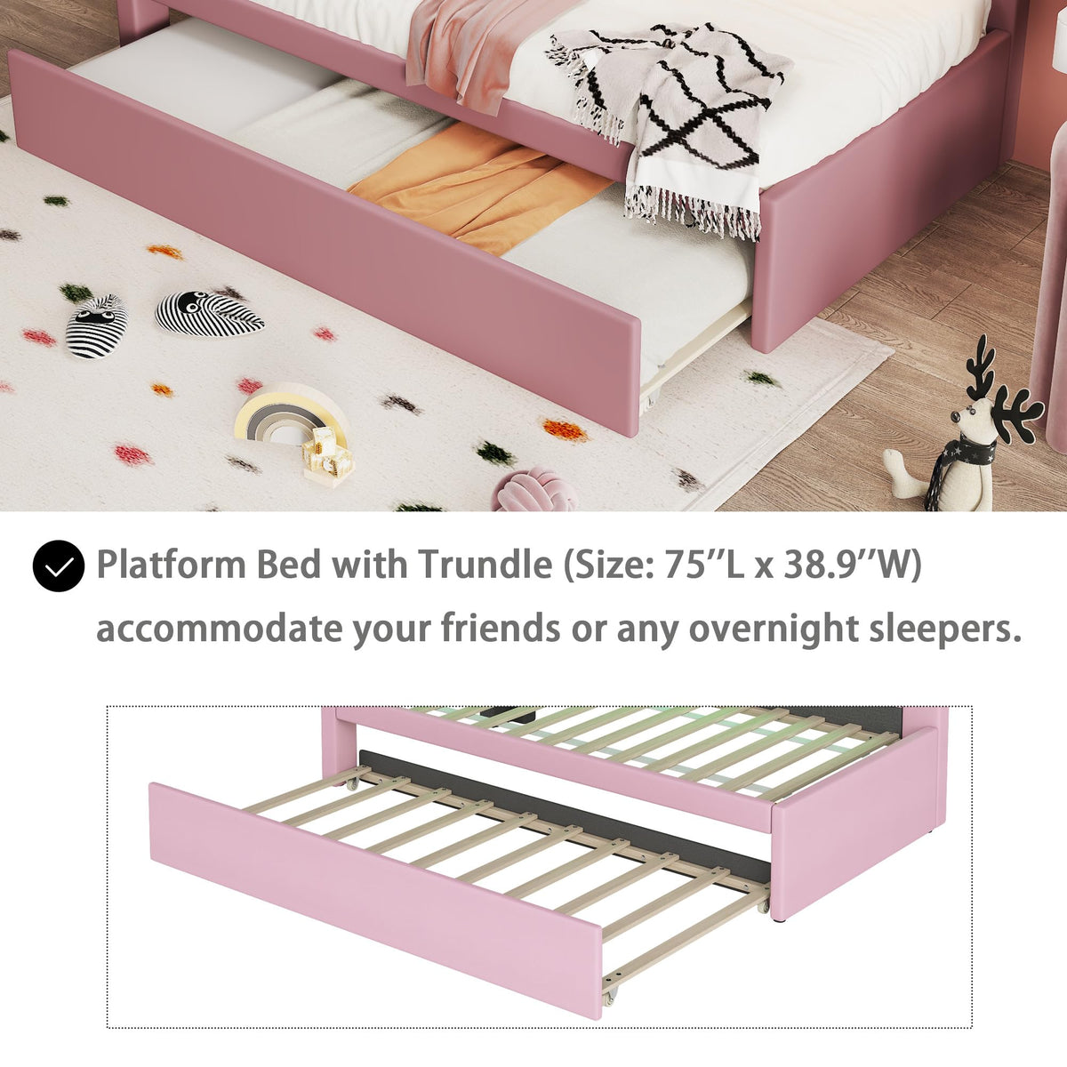 Twin Size Upholstered Platform Bed with Trundle and USB Ports, Pink I33653