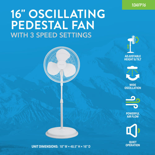 16" Oscillating Pedestal Fan with 3 Speed Settings, White J54202