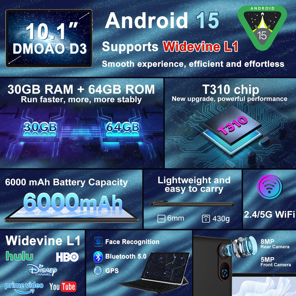 Android 15 Tablet 10.1 Inch FHD 30GB RAM 64GB ROM Black F651715