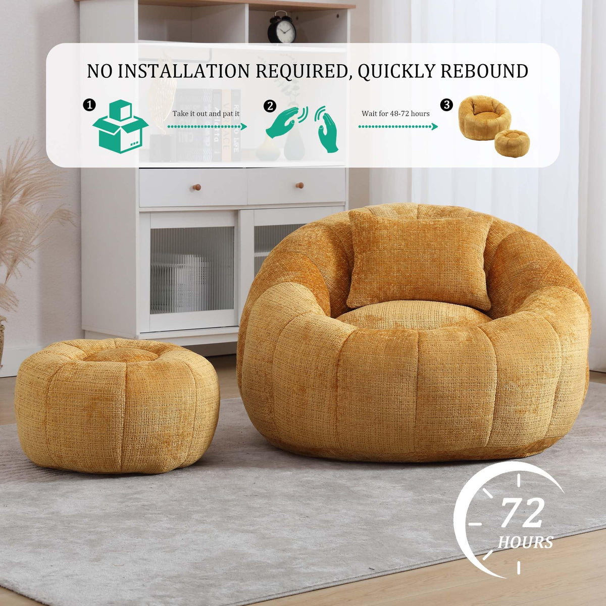 Yellow Memory Foam Bean Bag Chair with Ottoman L72840