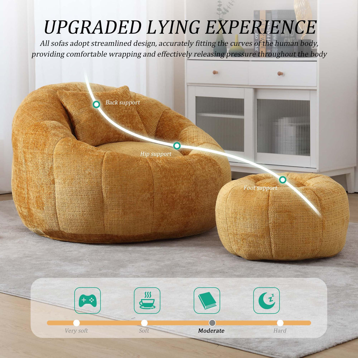 Yellow Memory Foam Bean Bag Chair with Ottoman L72840