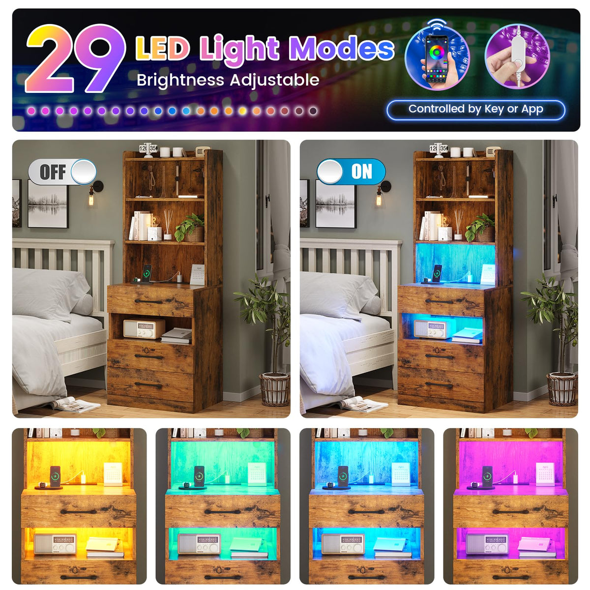 Tall Nightstand with Charging Station and LED Lights, 3 Drawers, Bookshelf R831949