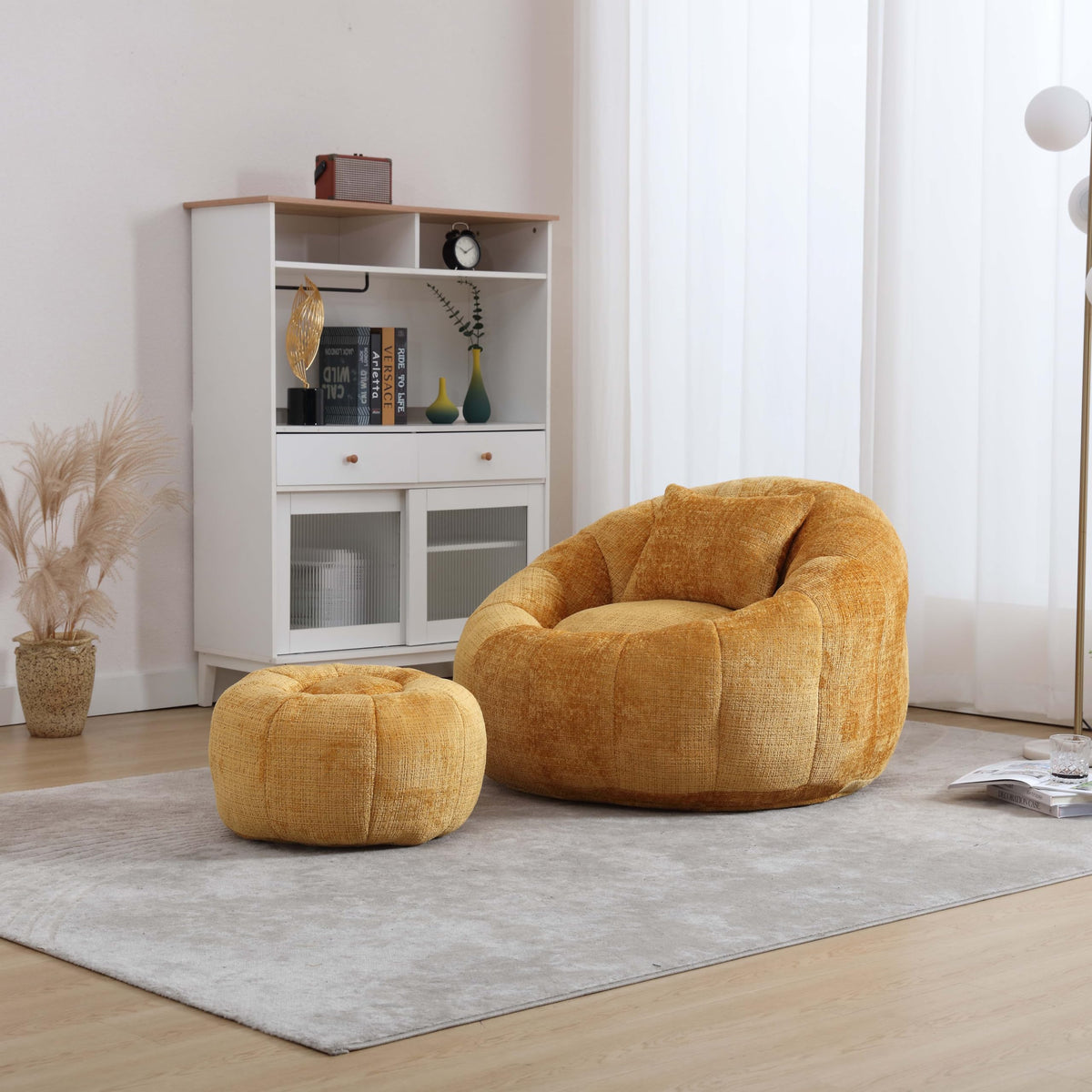 Yellow Memory Foam Bean Bag Chair with Ottoman L72840