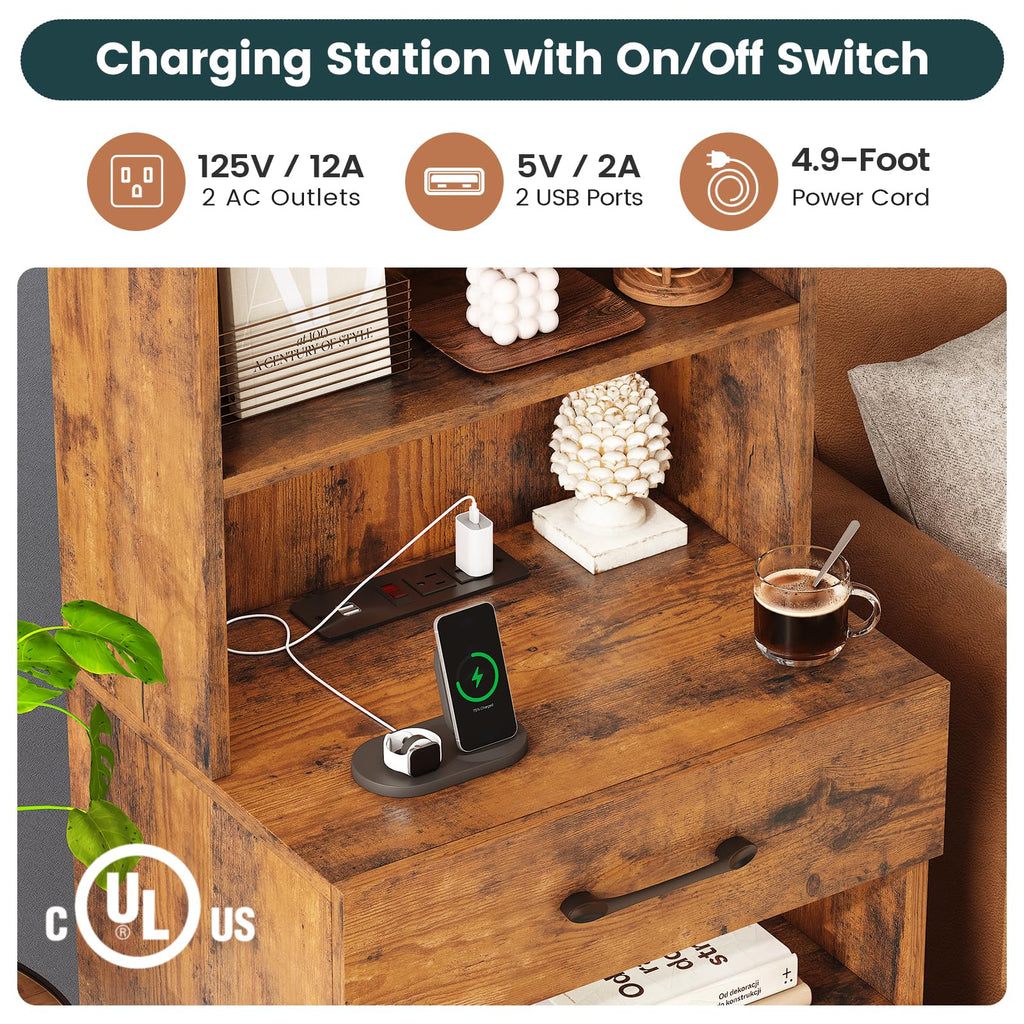 Tall Nightstand with Charging Station and LED Lights, 3 Drawers, Bookshelf R831949