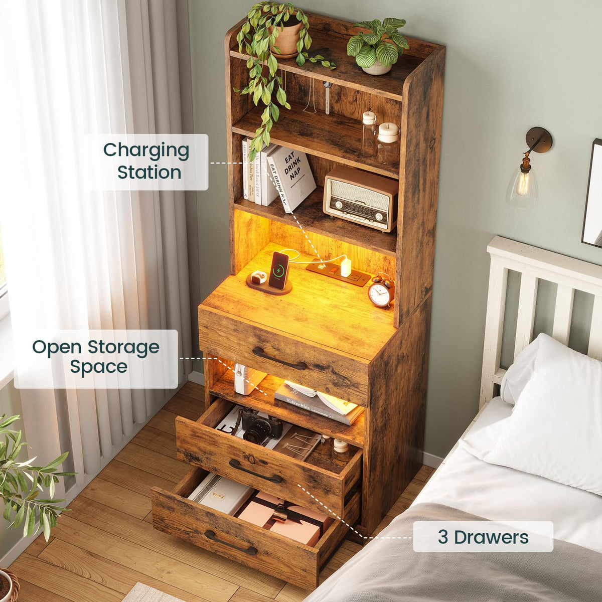 Tall Nightstand with Charging Station and LED Lights, 3 Drawers, Bookshelf R831949