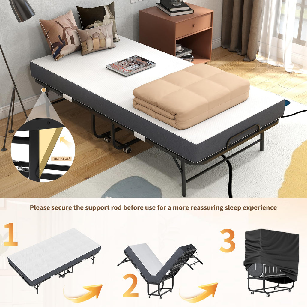 Folding Bed with Mattress, Twin Size, Portable Rollaway Bed on Wheels with Memory Mattress and Metal Frame J388