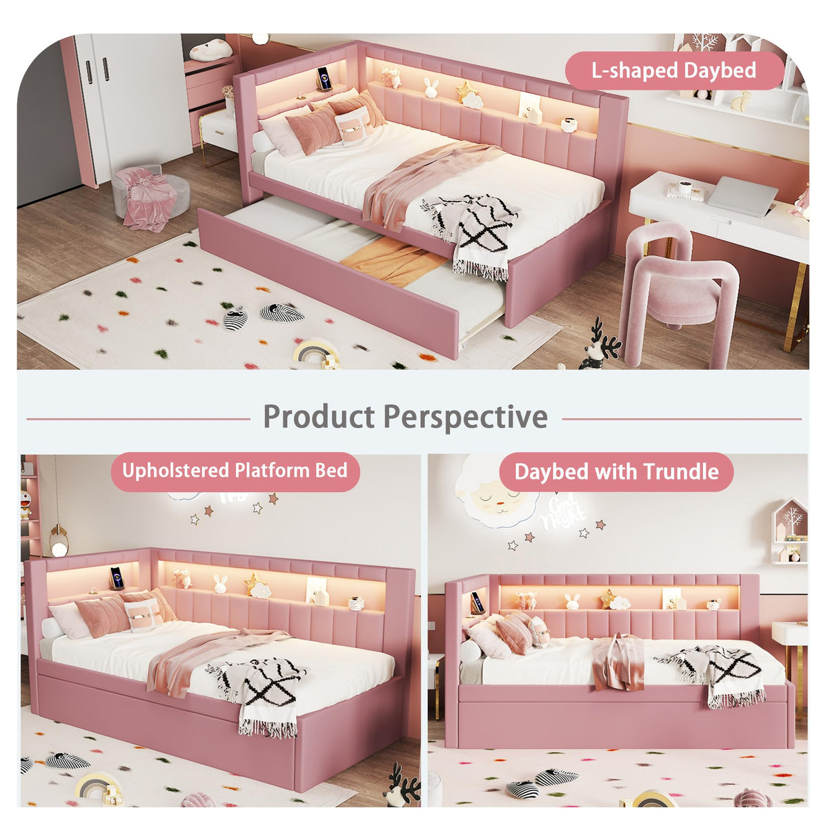 Twin Size Upholstered Platform Bed with Trundle and USB Ports, Pink I33653