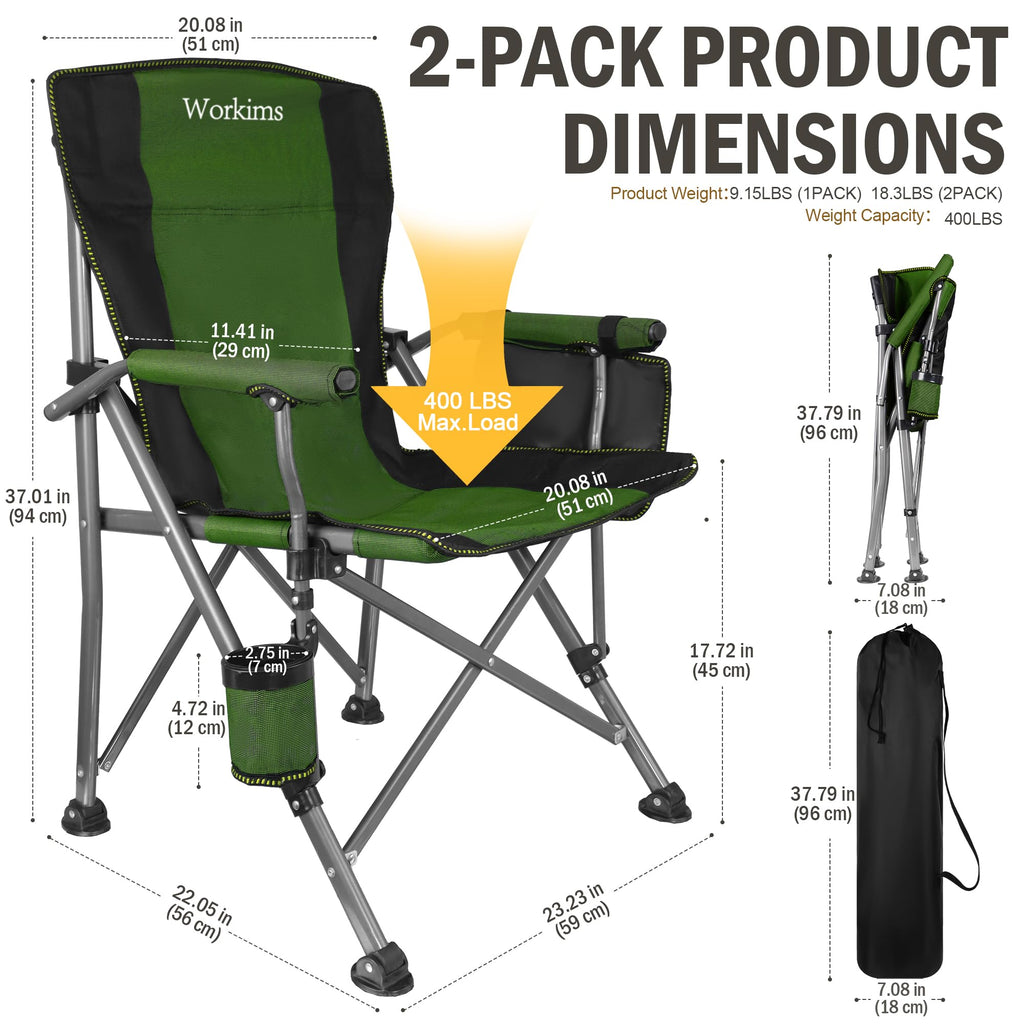 2 Pack Green Folding Camping Chair with Cup Holder and Storage Bag U8434