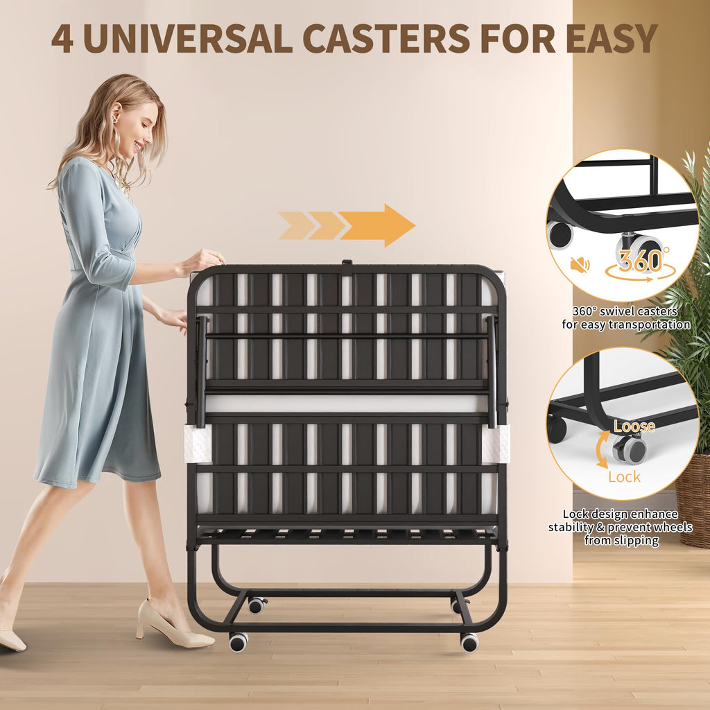Folding Bed with Mattress, Twin Size, Portable Rollaway Bed on Wheels with Memory Mattress and Metal Frame J388