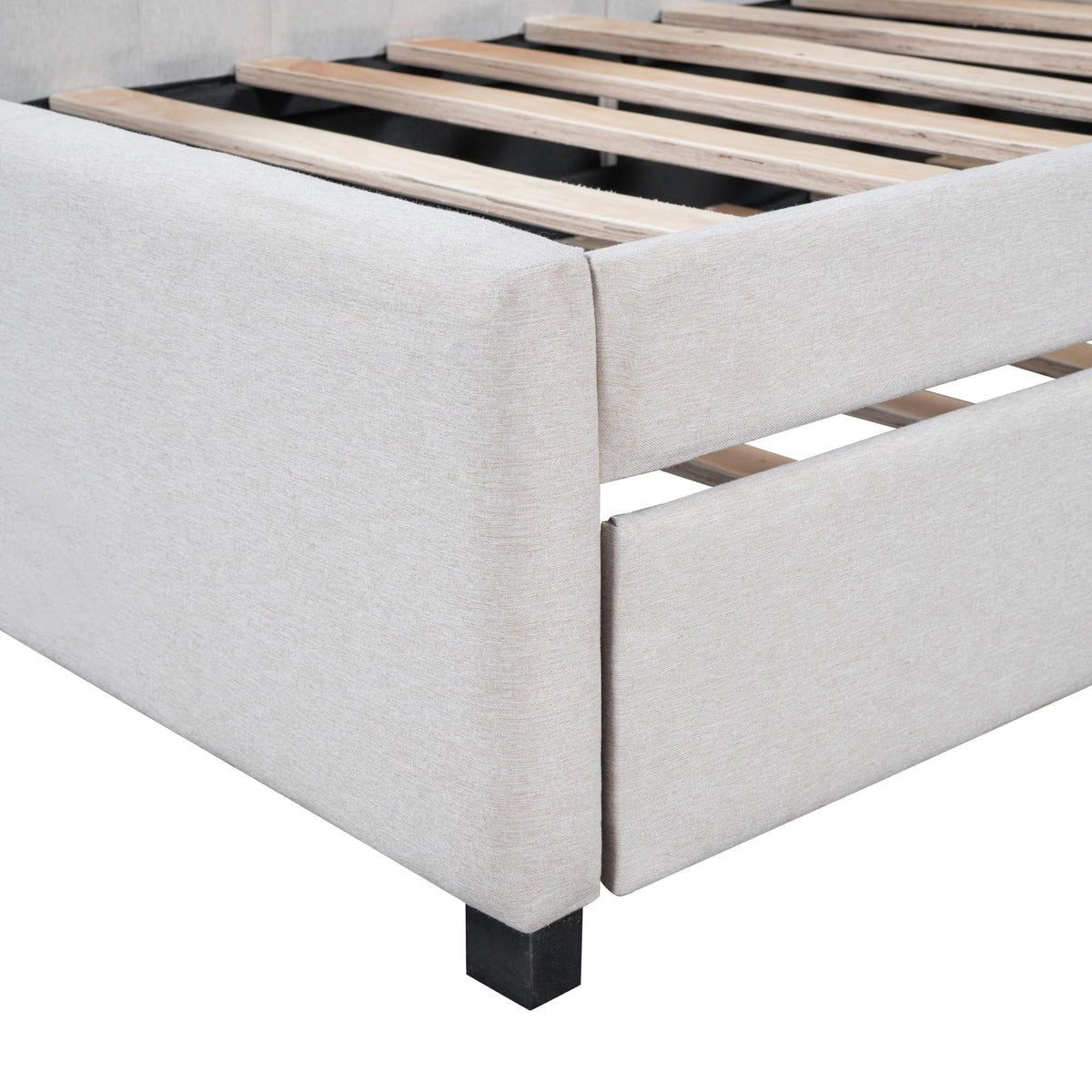 Twin Size Upholstered Daybed with Trundle Linen Fabric Wooden Sofa Bed Frame K95288