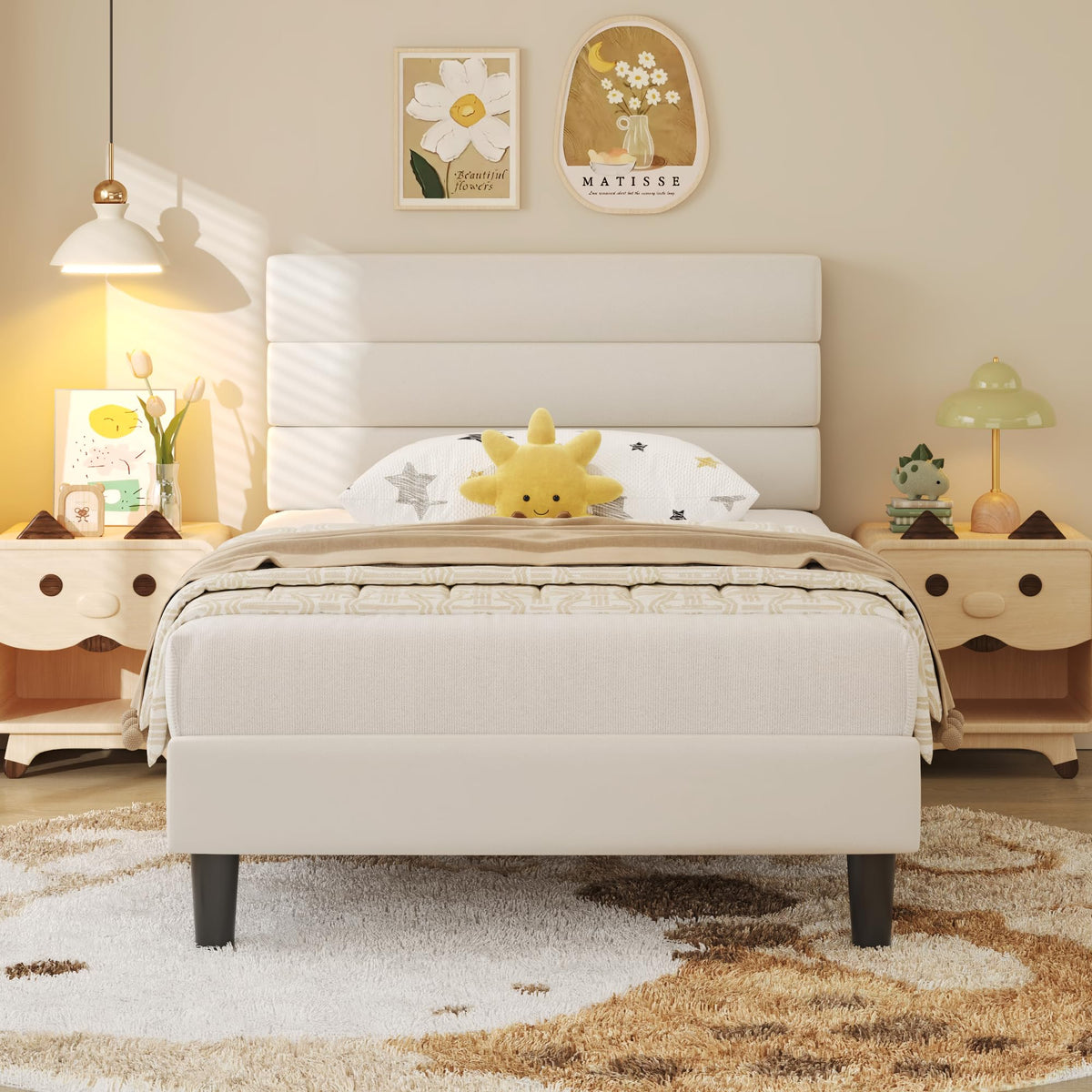 Beige Velvet Upholstered Twin Platform Bed Frame B52693