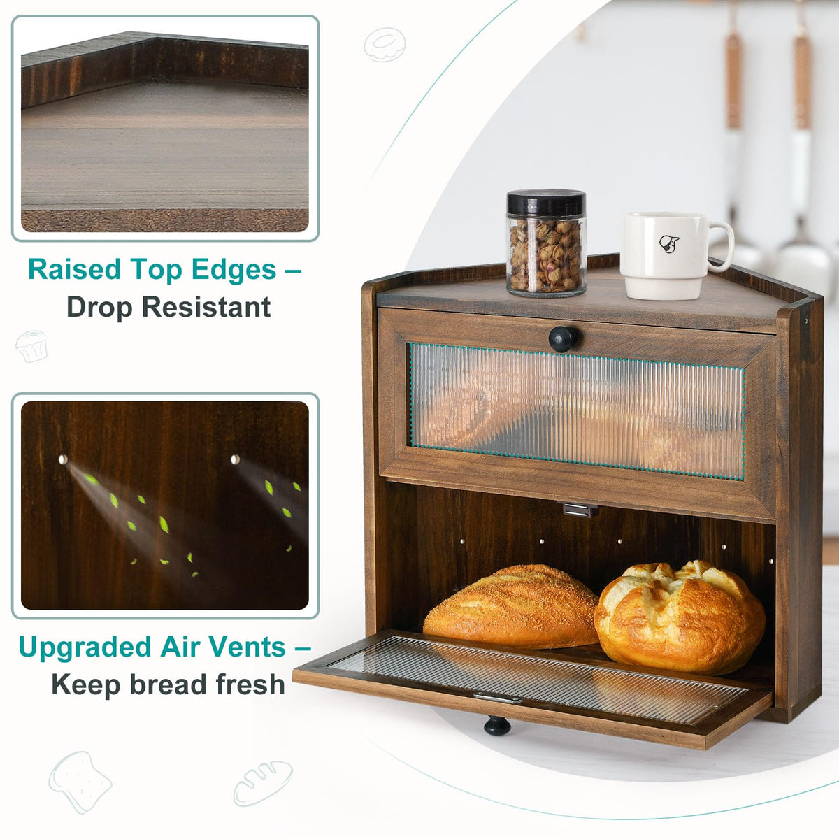 Large 2 Tier Wooden Bread Box with Acrylic Window E3008