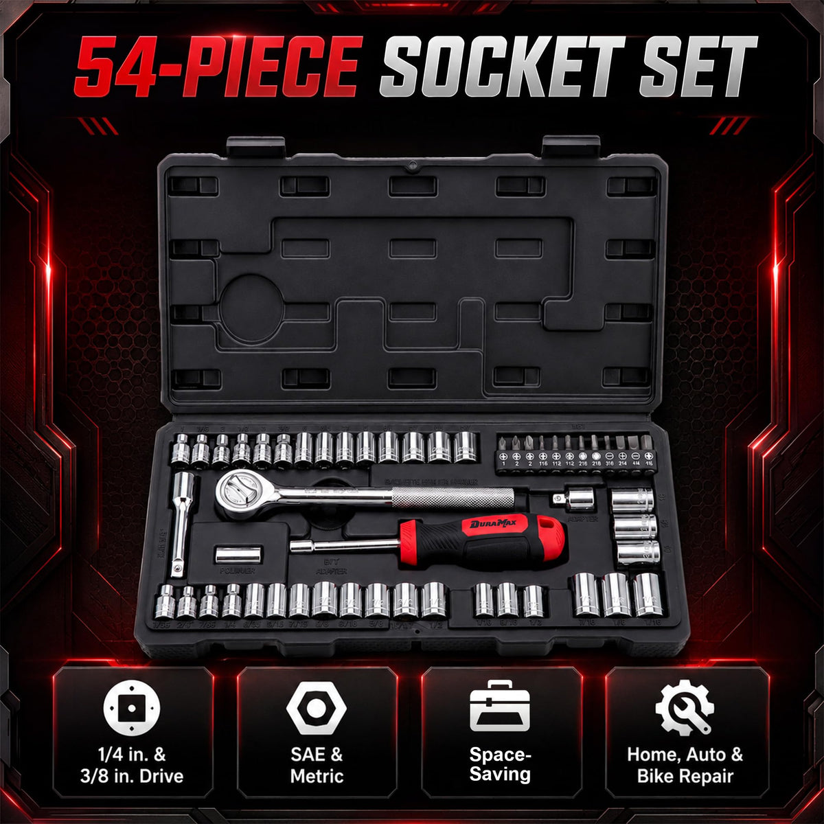 54-Piece Mechanic Tool Set with SAE & Metric Sockets R912