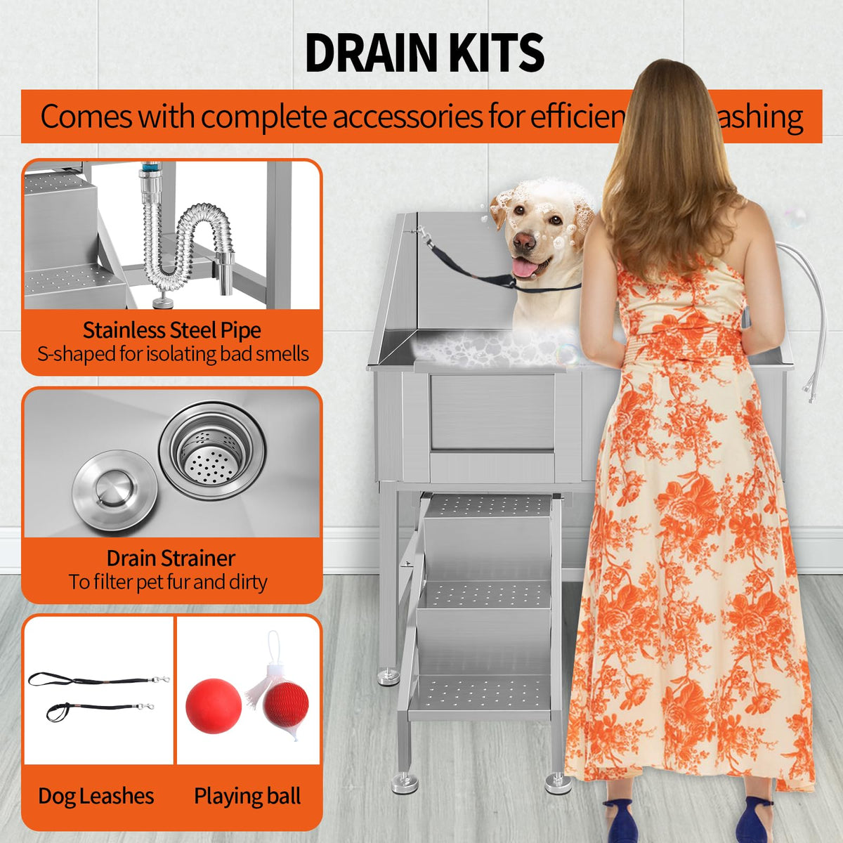38" Stainless Steel Dog Grooming Tub with Sliding Door S23071