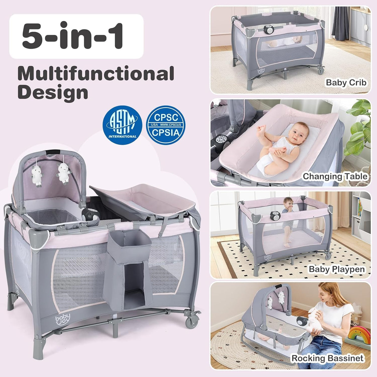 5 in 1 Pack and Play with Bassinet and Diaper Changing Table S5634