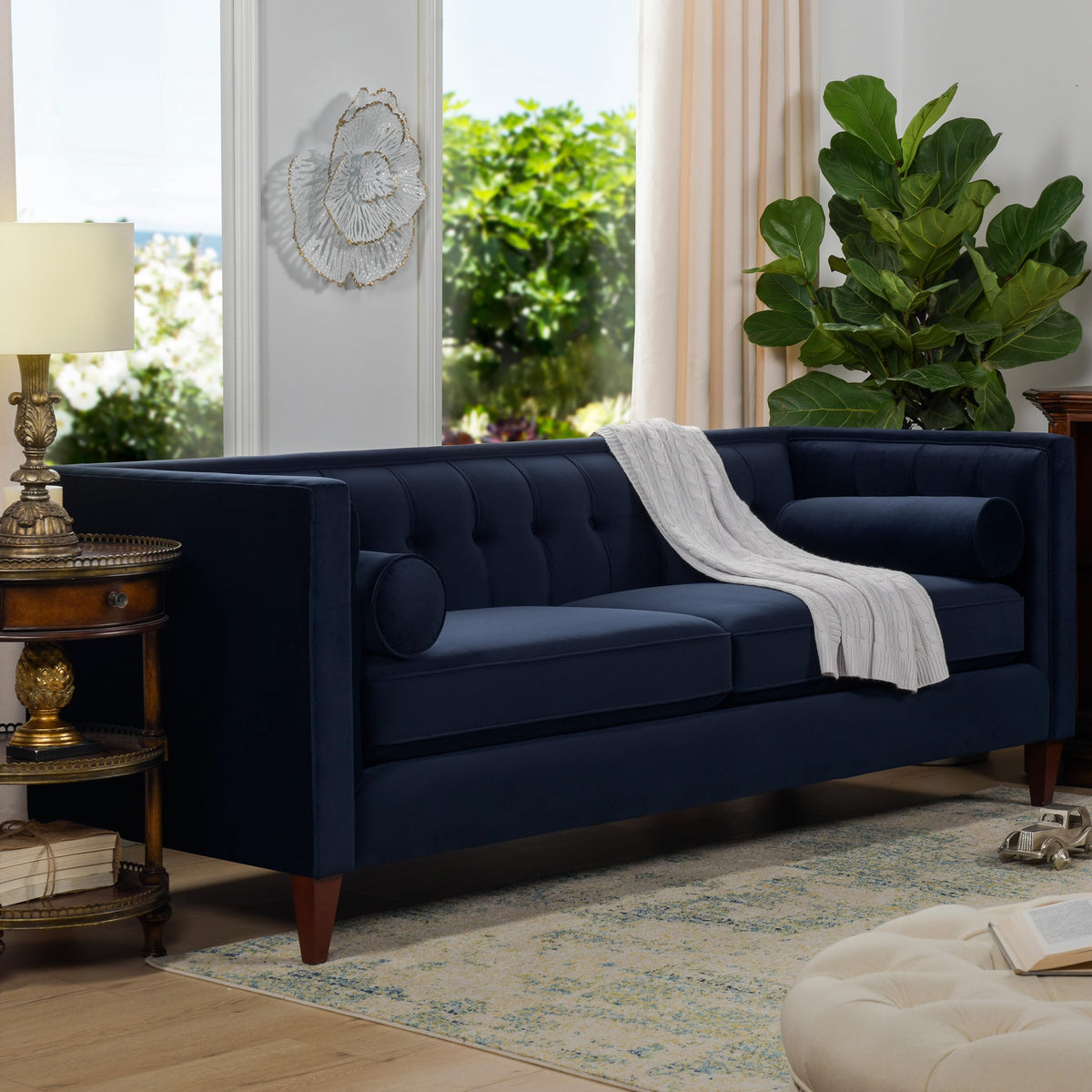 Dark Navy Blue Performance Velvet Tufted Sofa G386