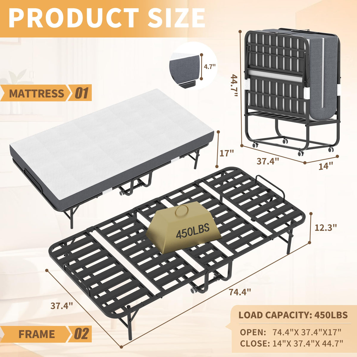 Folding Bed with Mattress, Twin Size, Portable Rollaway Bed on Wheels with Memory Mattress and Metal Frame J388