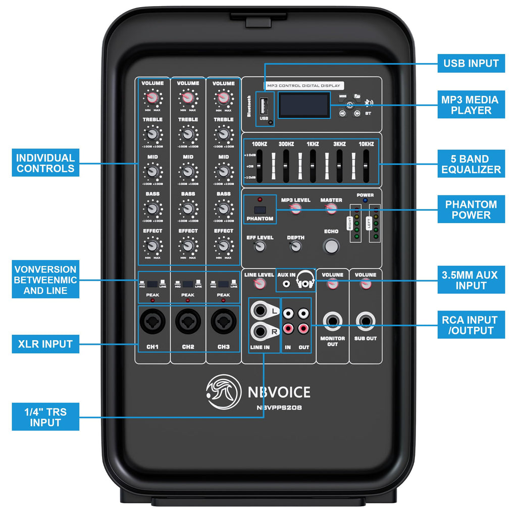 Portable All-in-One 2-Way PA System with 8-Channel Mixer W9373