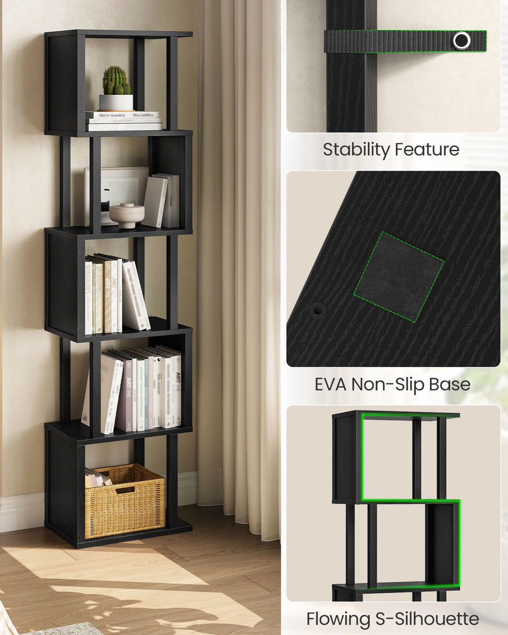 Black 5-Tier Bookshelf with Anti-Tip Kit S29919