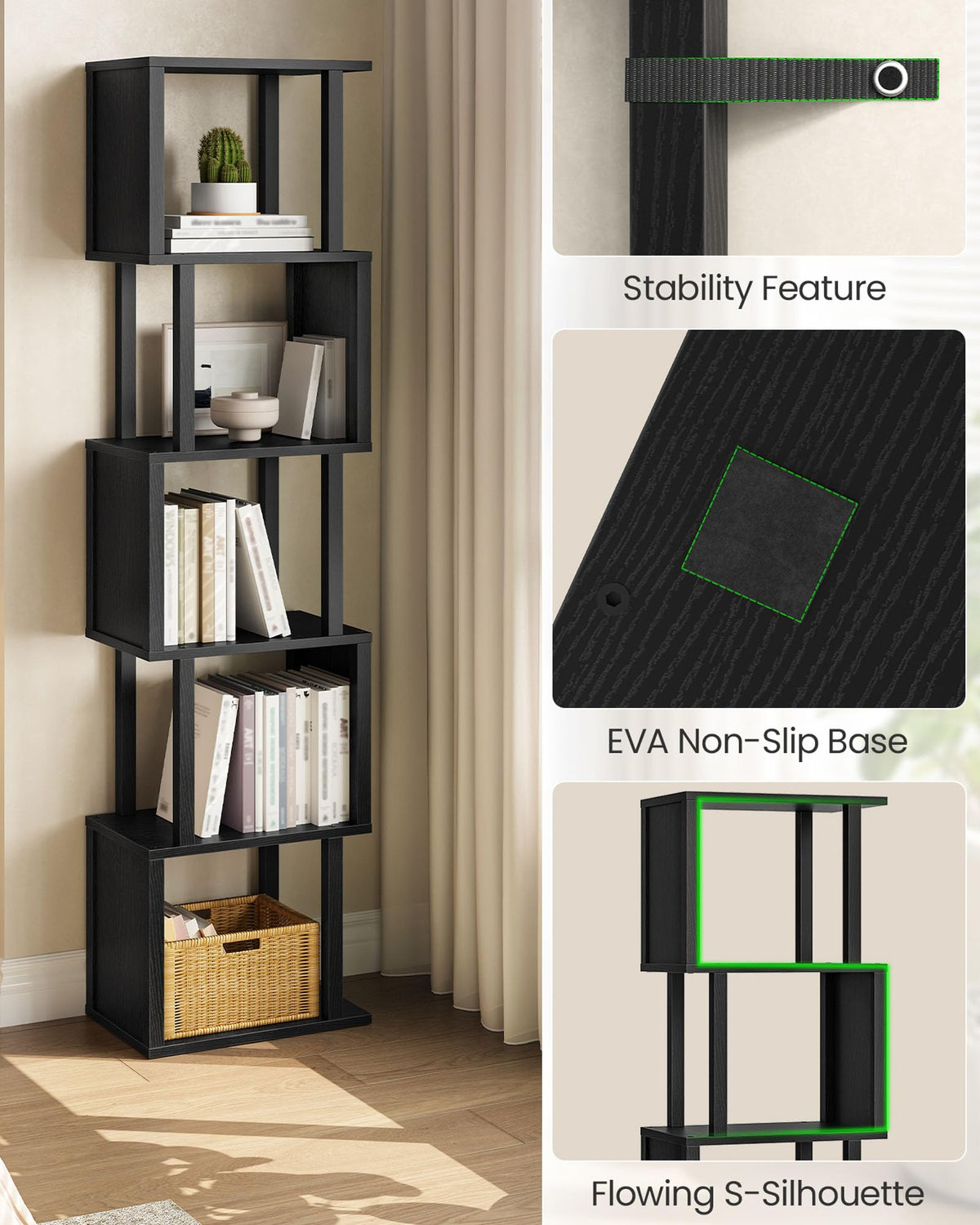 Black 5-Tier Bookshelf with Anti-Tip Kit S29919