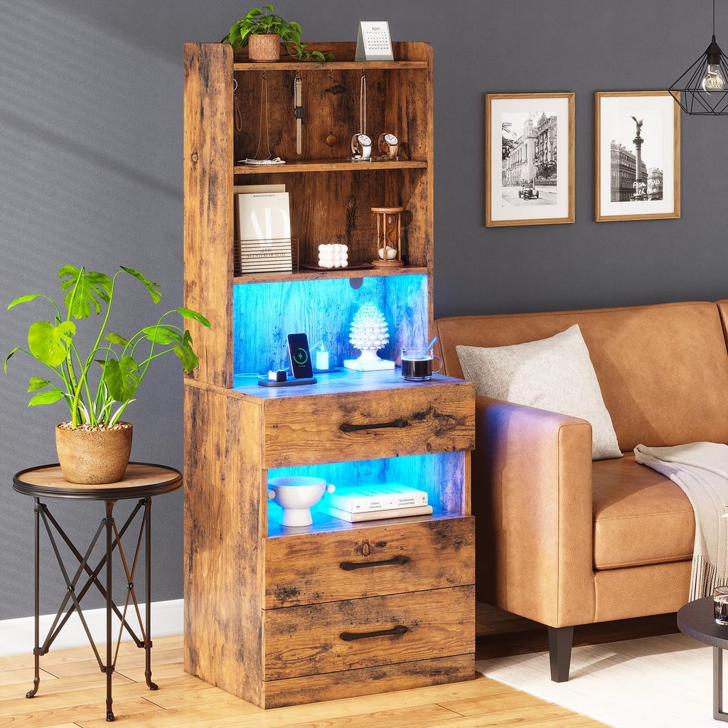 Tall Nightstand with Charging Station and LED Lights, 3 Drawers, Bookshelf R831949