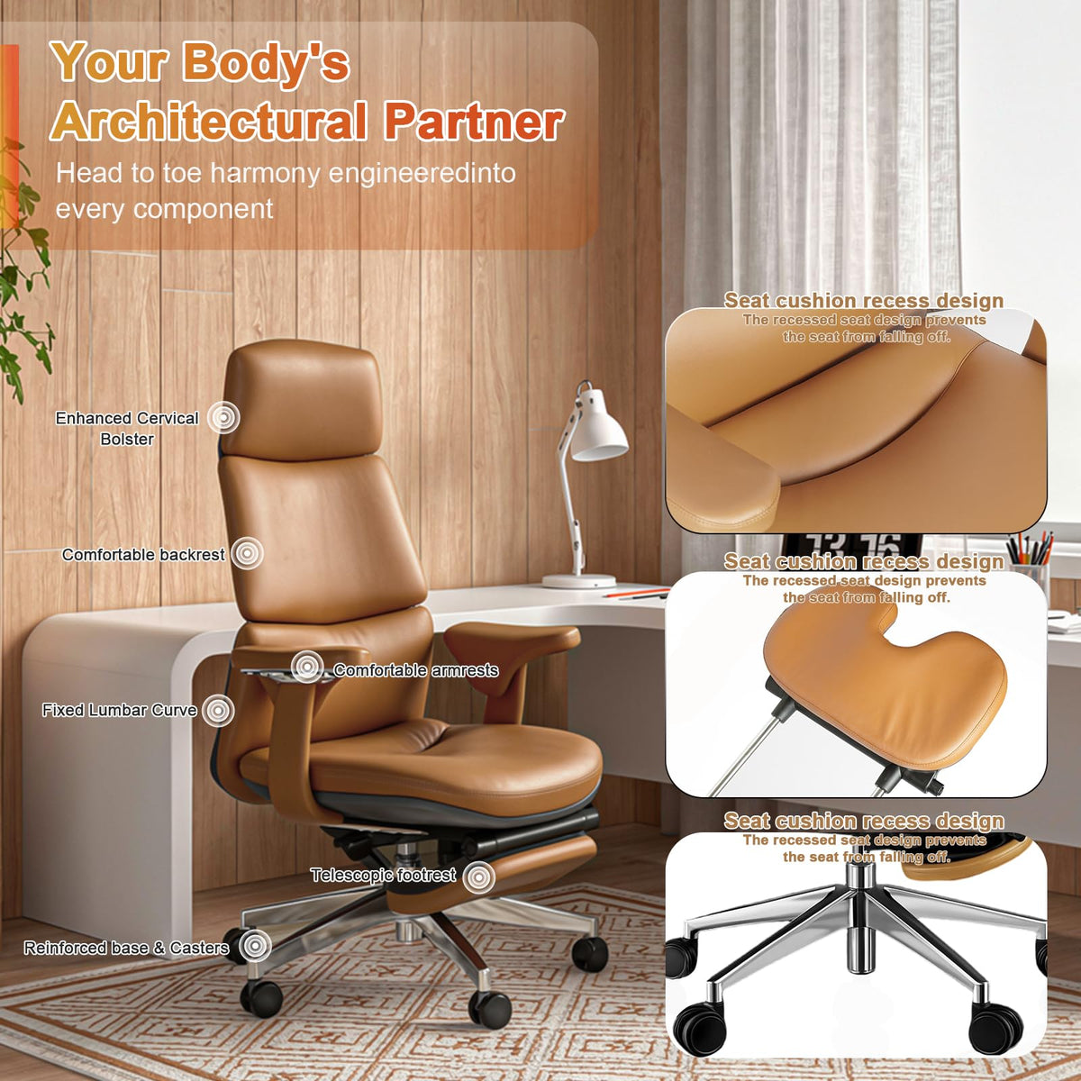 Ergonomic Genuine Leather Office Chair with Footrest O4365