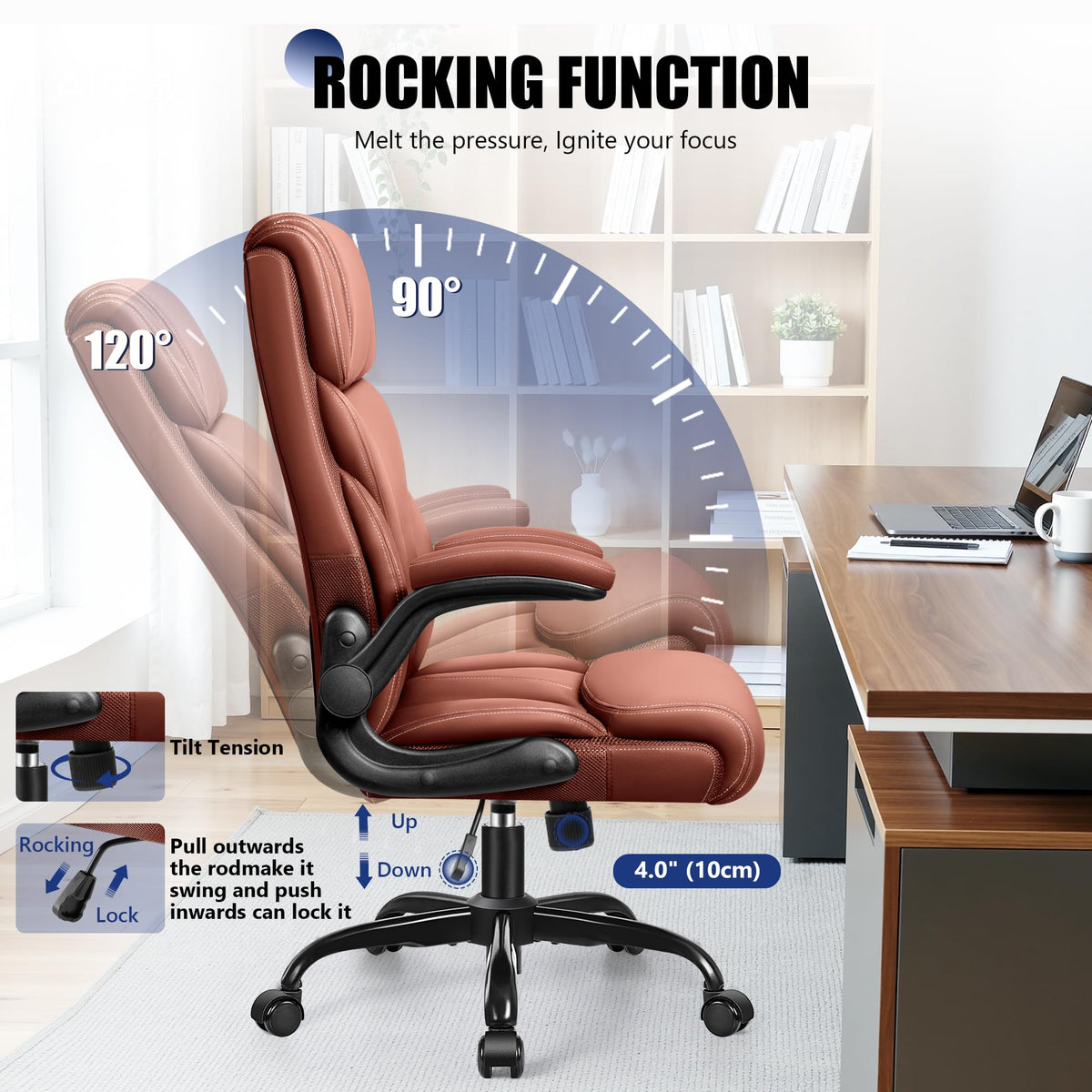 Brown High Back Office Chair with Flip-up Armrests E821