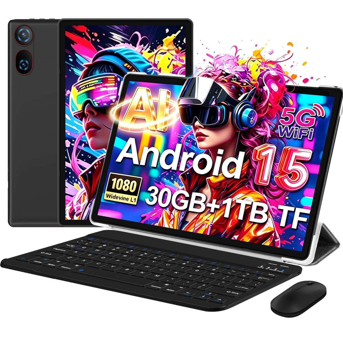 Android 15 Tablet 10.1 Inch FHD 30GB RAM 64GB ROM Black F651715