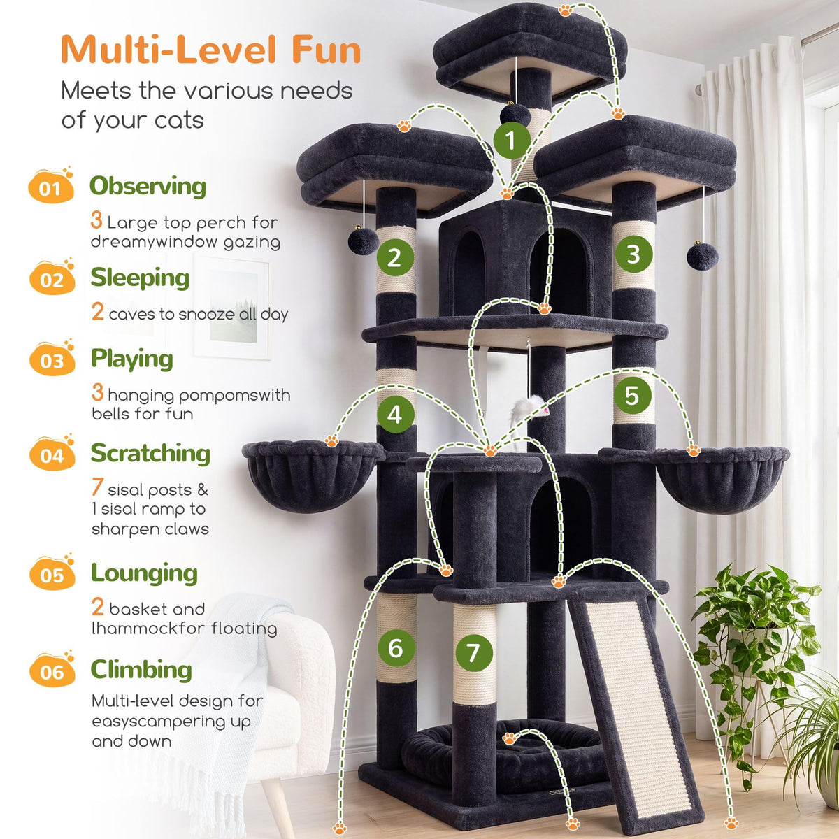 70 Inch Dark Gray Cat Tree with Scratching Post B940584