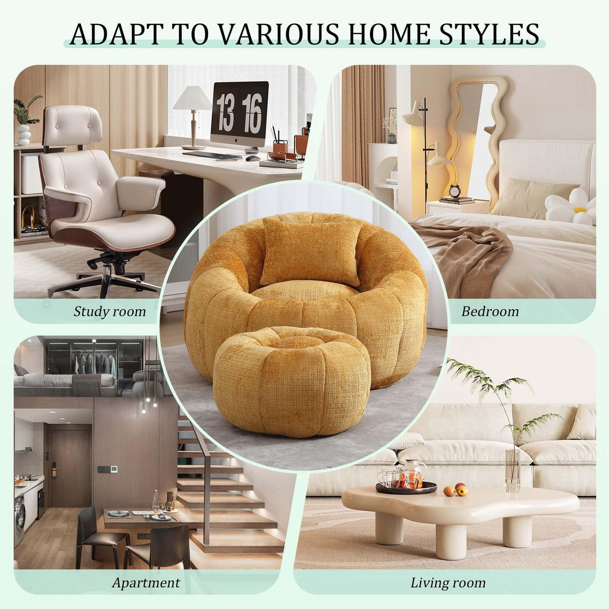 Yellow Memory Foam Bean Bag Chair with Ottoman L72840