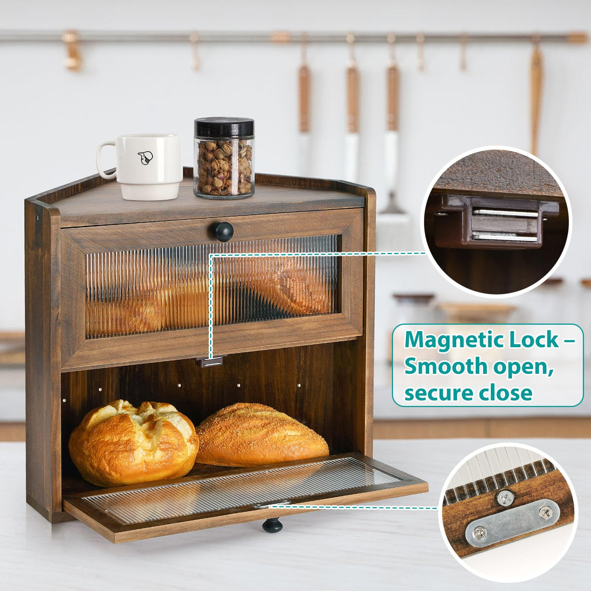 Large 2 Tier Wooden Bread Box with Acrylic Window E3008