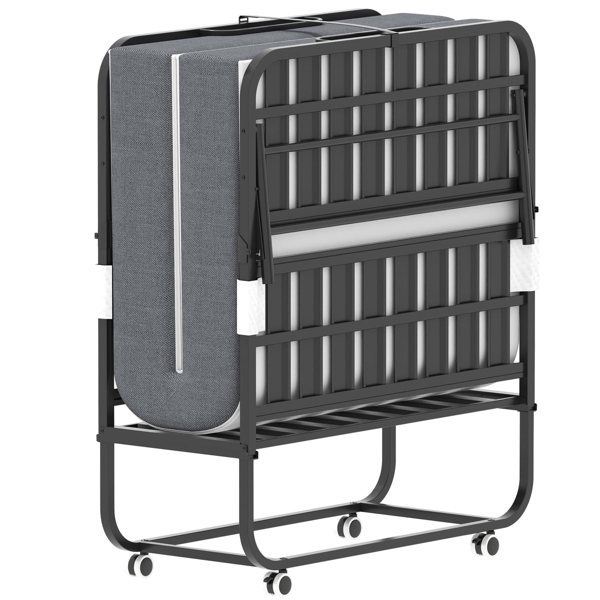 Folding Bed with Mattress, Twin Size, Portable Rollaway Bed on Wheels with Memory Mattress and Metal Frame J388