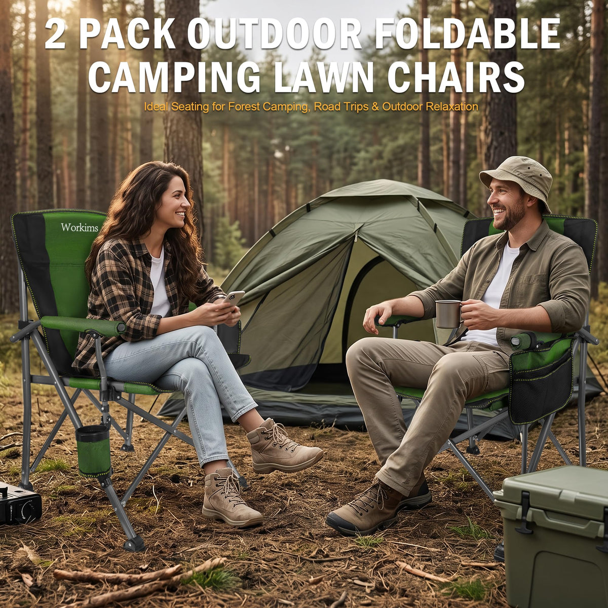 2 Pack Green Folding Camping Chair with Cup Holder and Storage Bag U8434